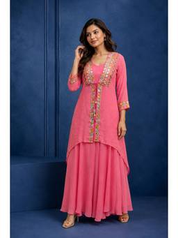 Rizabella - Pink Embroidered High-Low Jacket with Inner and Palazzo