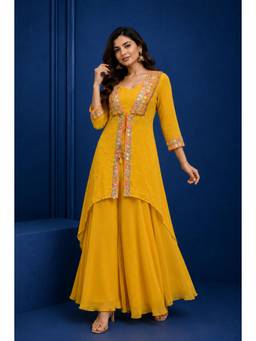 Rizabella - Yellow Embroidered High-Low Jacket with Inner and Palazzo