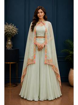 Rizabella - Mint Green Mirror-Trim Cape with Crop Top and Palazzo