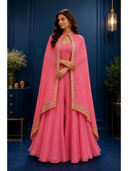 Rizabella - Pink Mirror-Trim Cape with Crop Top and Palazzo