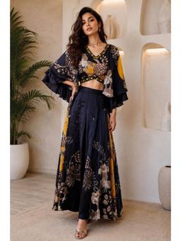 Rizabella - Midnight Black Floral Crop Top with Palazzo
