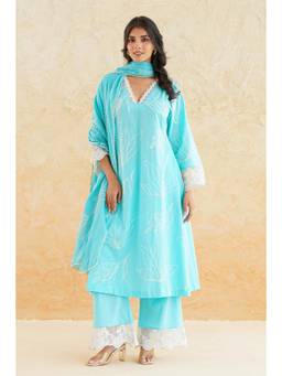 SAYARISH - Blue Embroidered Cotton Kurta with Pant and Dupatta