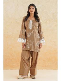 SAYARISH - Brown Embroidered Cotton Kurta with Salwar