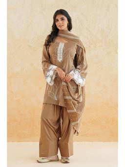 SAYARISH - Brown Embroidered Cotton Kurta with Salwar and Dupatta