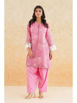 SAYARISH - Pink Embroidered Mul Chanderi Kurta with Salwar