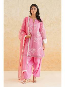SAYARISH - Pink Embroidered Mul Chanderi Kurta with Salwar and Dupatta