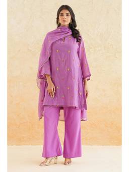 SAYARISH - Purple Embroidered Mul Chanderi Kurta with Pant and Dupatta