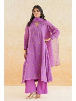 SAYARISH - Purple Embroidered Mul Chanderi Kurta with Pant and Dupatta