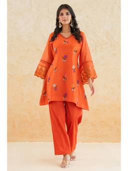 SAYARISH - Orange Embroidered Mul Chanderi Kurta with Pant
