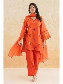 SAYARISH - Orange Embroidered Mul Chanderi Kurta with Pant and Dupatta