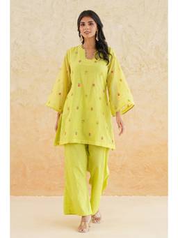 SAYARISH - Yellow Embroidered Mul Chanderi Kurta with Pant