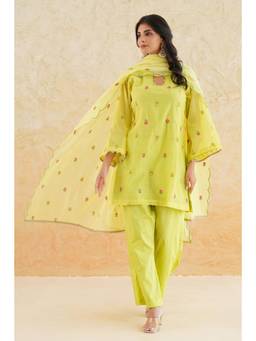 SAYARISH - Yellow Embroidered Mul Chanderi Kurta with Pant and Dupatta