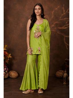 SILCHIC - Women Embroidered Green Kurti with Sharara and Dupatta