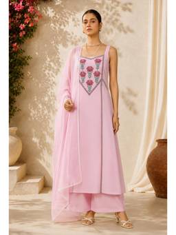 SILCHIC - Women Embroidered Thread Work Pink Kurta with Palazzo and Dupatta