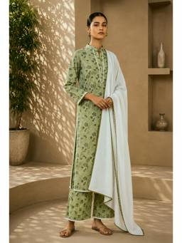 SILCHIC - Women Floral Printed Green Kurta with Pant and Dupatta