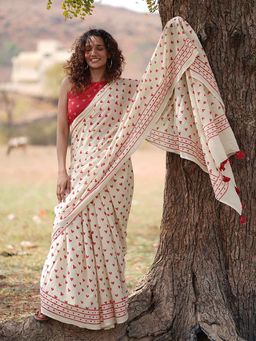 Chidiyaa - Cream Dil Awara Printed Cotton Saree Without Blouse
