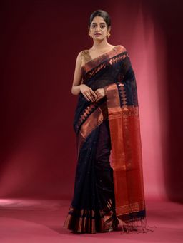CHARUKRITI - Navy Blue with Geometric Pattern and Contrast Pallu Saree with Unstitched Blouse