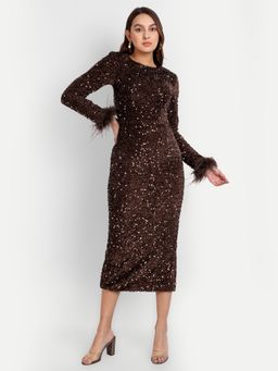 IKI CHIC - Brown Iki Premium Sequin High Neck with Full Sleeves with Fur Detailing Midi Dress