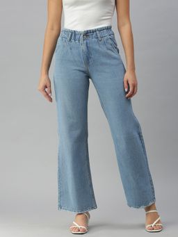 SHOWOFFFF - Women Low Distress Blue Wide Leg Denim Jeans