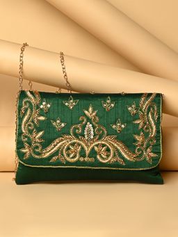 ROCIA - By Regal Green Hand Embroidered Ethnic Clutch with Detachable Strap