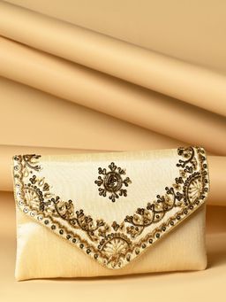 ROCIA - By Regal Cream Hand Embroidered Silk Clutch with Detachable Strap