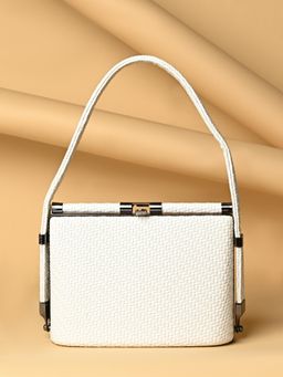 ROCIA - By Regal White Woven Stylish Metal Frame Clutch