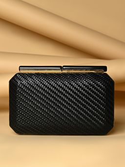 ROCIA - By Regal Black Woven Stylish Metal Frame Clutch with Detachable Strap
