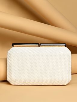 ROCIA - By Regal White Woven Stylish Metal Frame Clutch with Detachable Strap