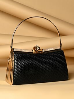 ROCIA - By Regal Black Woven Stylish Metal Frame Clutch