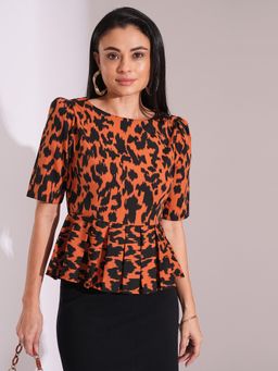 Globus - Women Rust Animal Print Puff Sleeves Pleated Casual Peplum Top