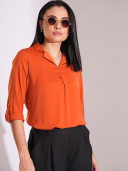 Globus - Women Rust Collared Roll Up Sleeve Shirt Style Workwear Top