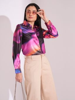 Globus - Women Multi Galaxy Print Cuffed Sleeves Shirt Style Party Top