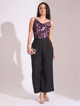 Globus - Women Black High-Rise Pleated Back Frilled Waist Wide Leg Workwear Trousers