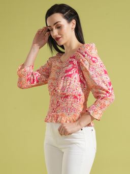 Globus - Women Pink Paisley Floral Printed Raglan Sleeves Cinched Waist Workwear Top