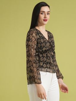 Globus - Women Black Tribal Print Gathered Semi Sheer Workwear Top