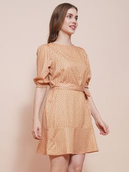 Globus - Brown Crepe Round Neck Puff Sleeves Polka Dots A-Line Dress with Belt (Set of 2)