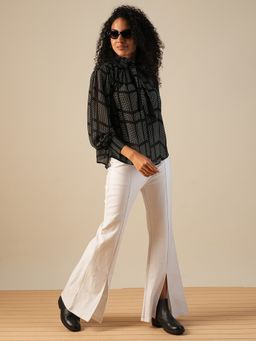 Globus - Women Black High Neck Cuffed Sleeves Tie-Up Georgette Party Top