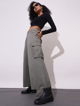 Globus - Women Dark Grey Cotton Mid-Rise Wide Leg Cargo Pant