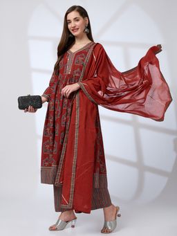 Globus - Women Maroon V-Neck Ethnic Print Mirror Work Pleated A-Line Kurta With Striped Pants & Gotta Lace Dupatta Workwear Set