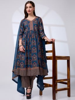 Globus - Women Blue V-Neck Ethnic Print Mirror Work Pleated A-Line Kurta With Striped Pants & Gotta Lace Dupatta Workwear Set