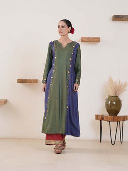 LOVE CHIC - Green- Navy Tussar Hand Embroidery A-Line Kurta With Maroon Palazzo (Set of 2)