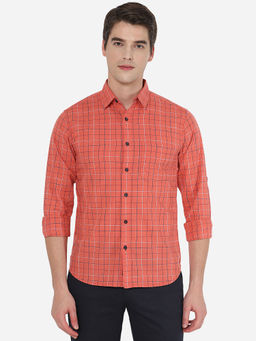 Greenfibre - Mens Checkered Orange Cotton Slim Fit Semi Casual Shirt