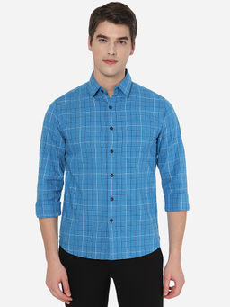 Greenfibre - Mens Checkered Cendre Blue Cotton Slim Fit Semi Casual Shirt