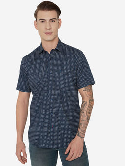 Greenfibre - Mens Blue Cotton Smart Fit Printed Casual Shirt