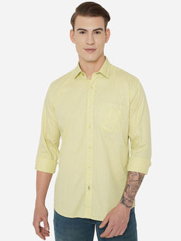 JadeBlue - Mens Lemon Yellow Cotton Slim Fit Printed Casual Shirt