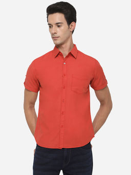 Greenfibre - Mens Solid Rust Cotton Slim Fit Semi Casual Shirt