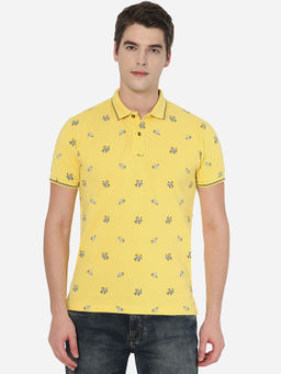 Greenfibre - Mens Printed Yellow Cotton Blend Slim Fit Polo T-Shirt