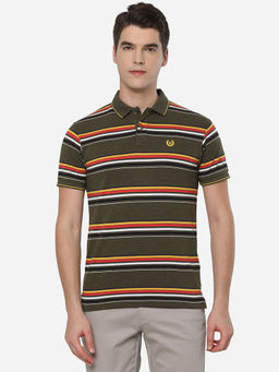 Greenfibre - Mens Olive Cotton Blend Slim Fit Striped Polo T-Shirt