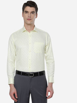 Greenfibre - Mens Printed Light Yellow Cotton Blend Slim Fit Formal Shirt