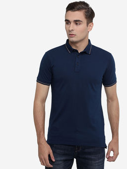 JadeBlue - Mens Solid Indigo Blue Cotton Slim Fit Polo T-Shirt